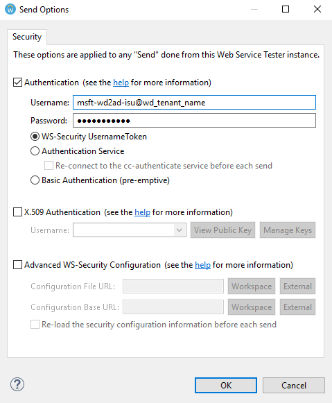 Screenshot that shows the "Security" tab with the "Username" and "Password" entered, and "WS-Security Username Token" selected.