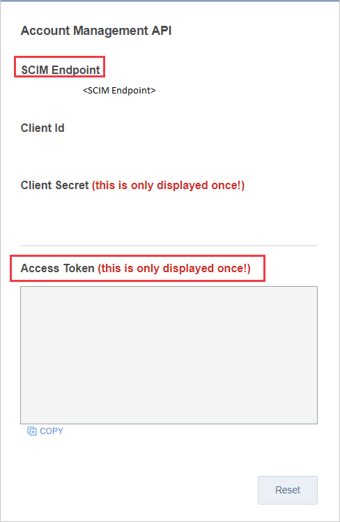 Screenshot of the Account Management A P I section with S C I M Endpoint and Access Token called out.