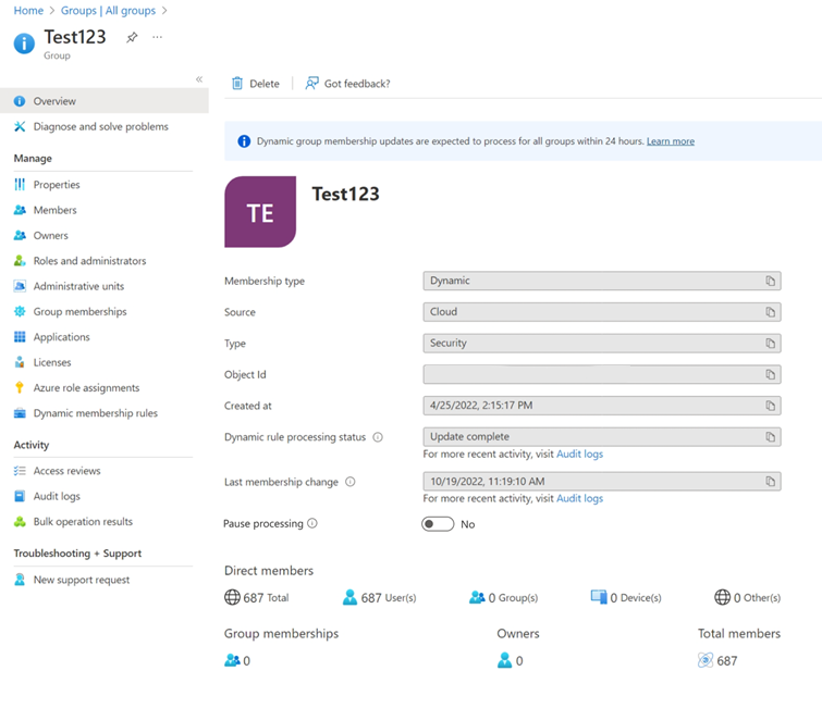 Screenshot that shows the status of a dynamic membership group.