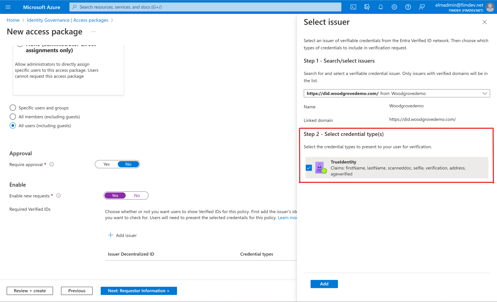 Screenshot that shows the pane for selecting an issuer for an access package.