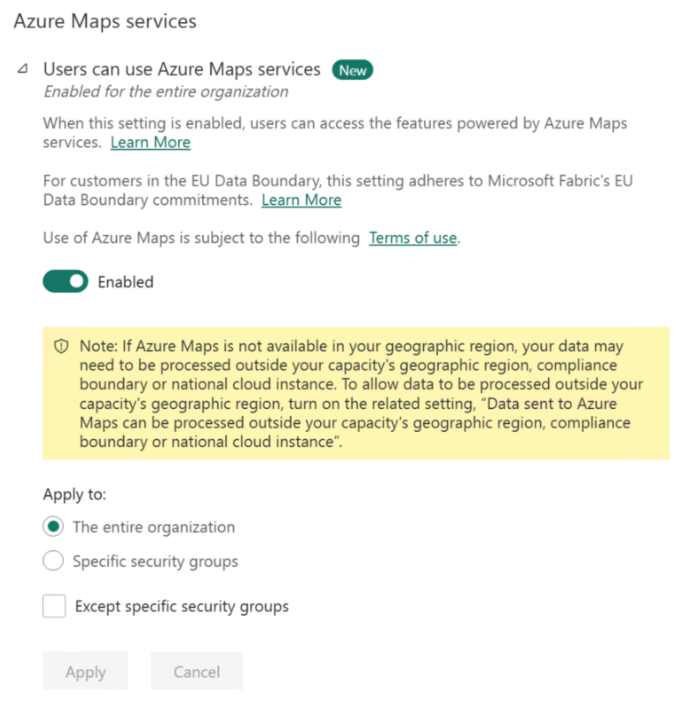 A screenshot of the Azure Maps 'Users can use Azure Maps services' settings.