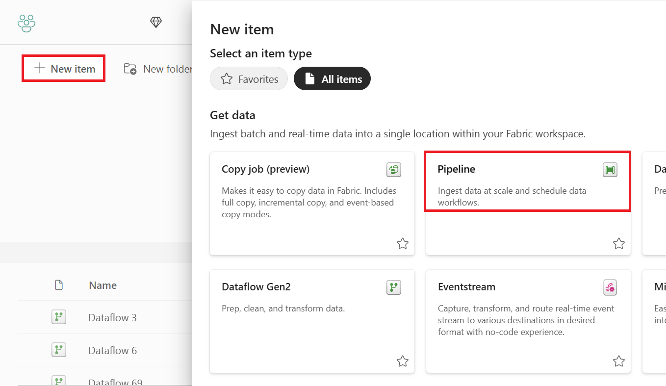 Screenshot of the pipeline selection.