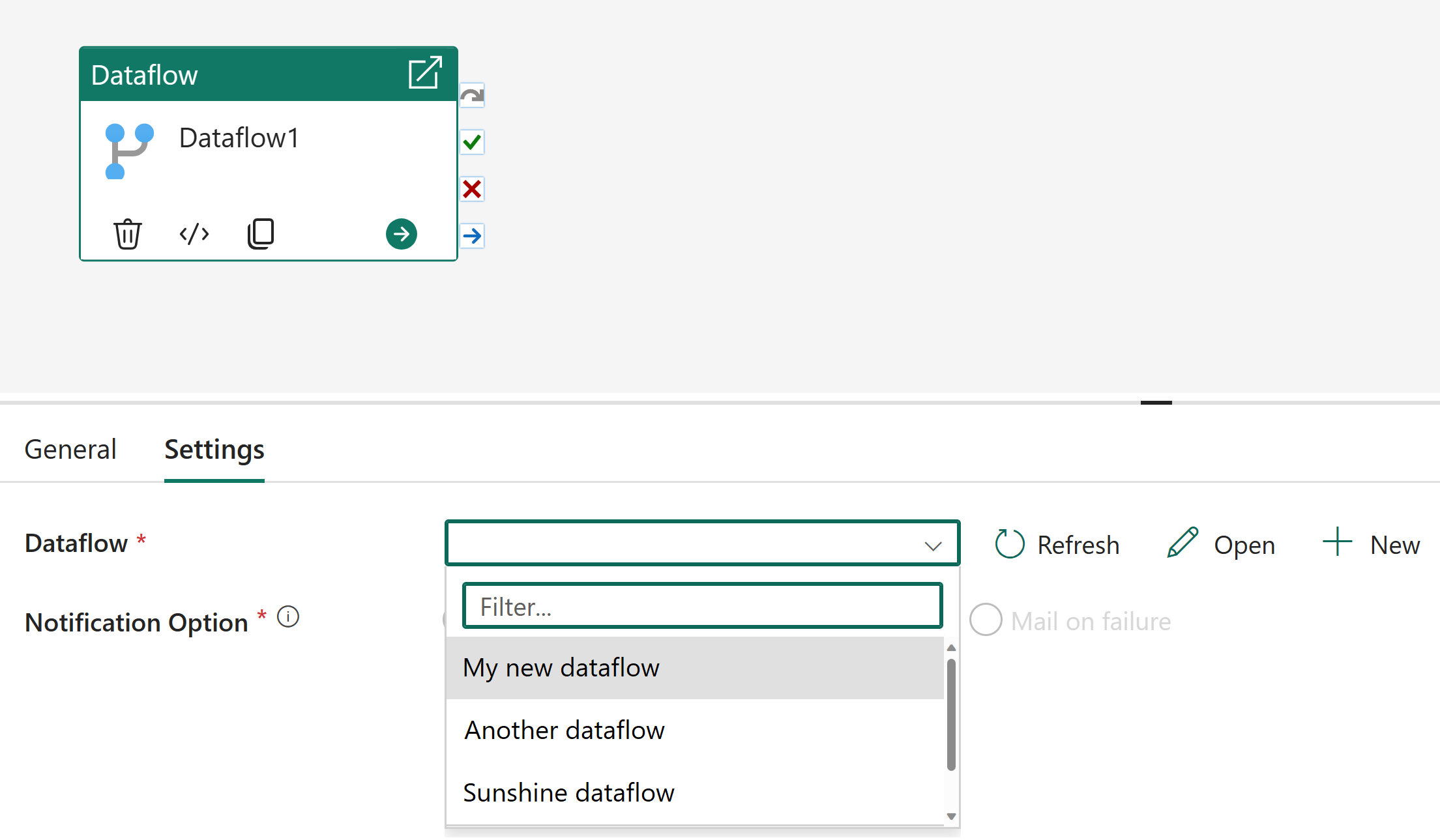 Screenshot of the dataflow dropdown list.
