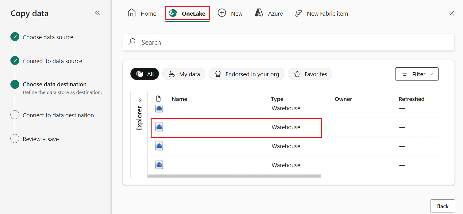 Screenshot showing the selection of the Warehouse destination.