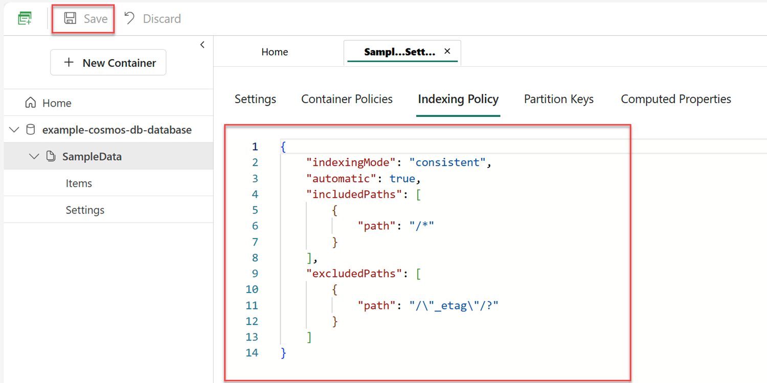 Screenshot of the 'Indexing Policy' section for a container within a database in the Fabric portal.