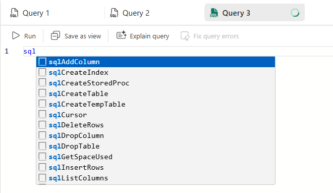Screenshot from the Fabric portal query editor showing code snippets.