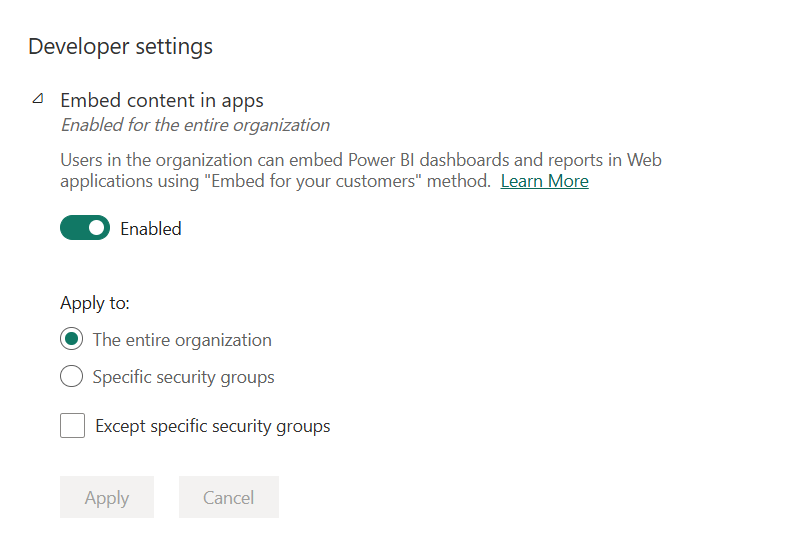 Screenshot of enabling embed content in apps.