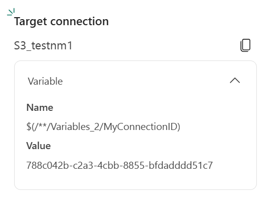 Screenshot showing managed shortcuts panel with variable assigned to shortcut connection including both variable name and value.