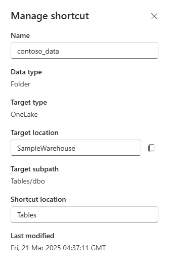 Screenshot that shows the Manage shortcut view.