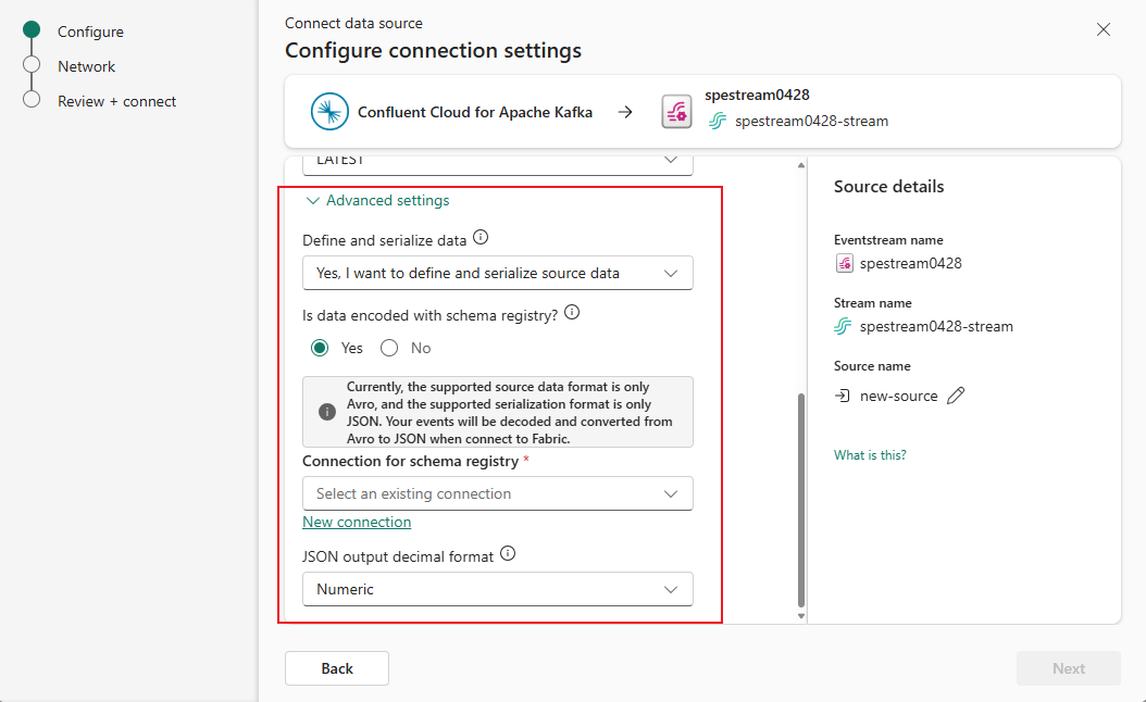 Screenshot that shows advanced settings of the Confluent schema registry settings.