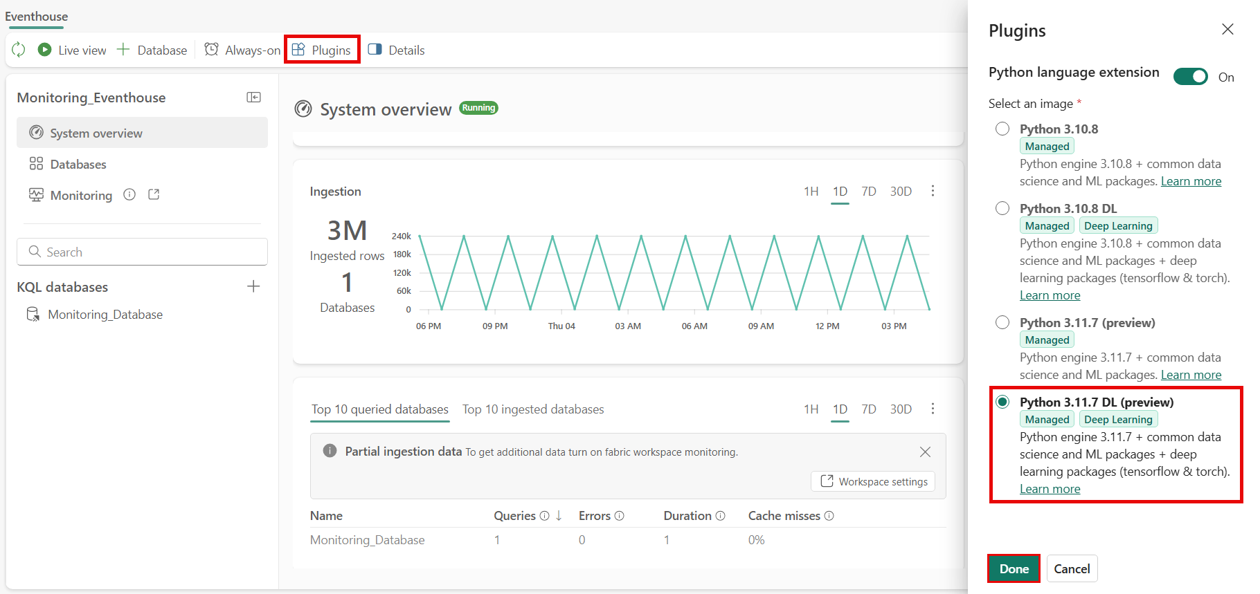 Screenshot of enabling the Python plugin in Eventhouse.
