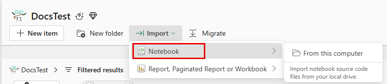 Screenshot of item options in Data Engineering. The item titled Import notebook is highlighted.