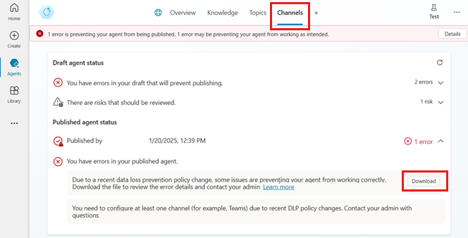 Screenshot of Copilot Studio showing publishing errors for an agent, with the Download and Channels labels highlighted.