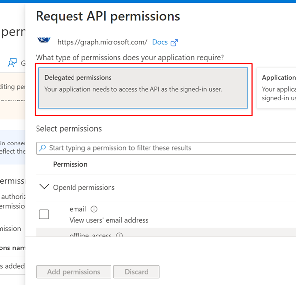 Screenshot of Delegated permissions highlighted.