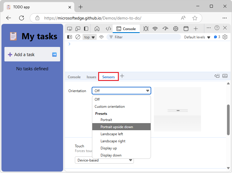 Selecting 'Portrait upside down' from the 'Orientation' list