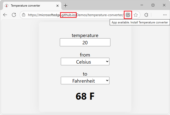 The PWA as a web app within the browser, served from github.io