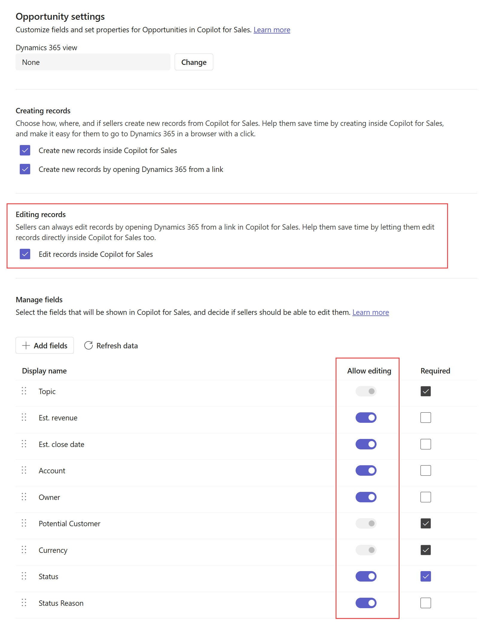 Screenshot showing how to enable editing of records and fields in the Sales agent.