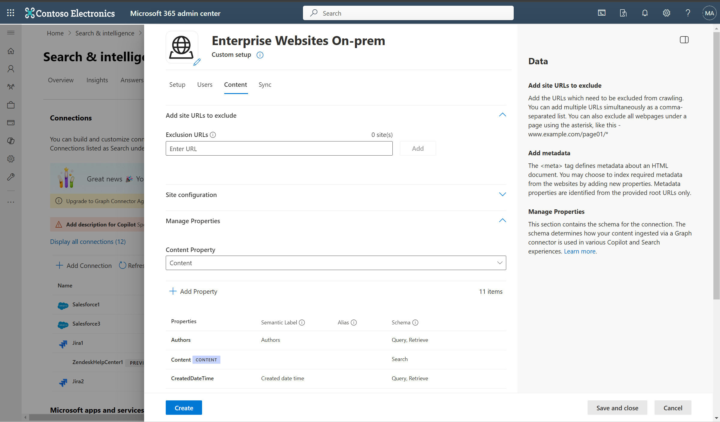 Screenshot that shows Content tab where you can set exclusion rules and properties