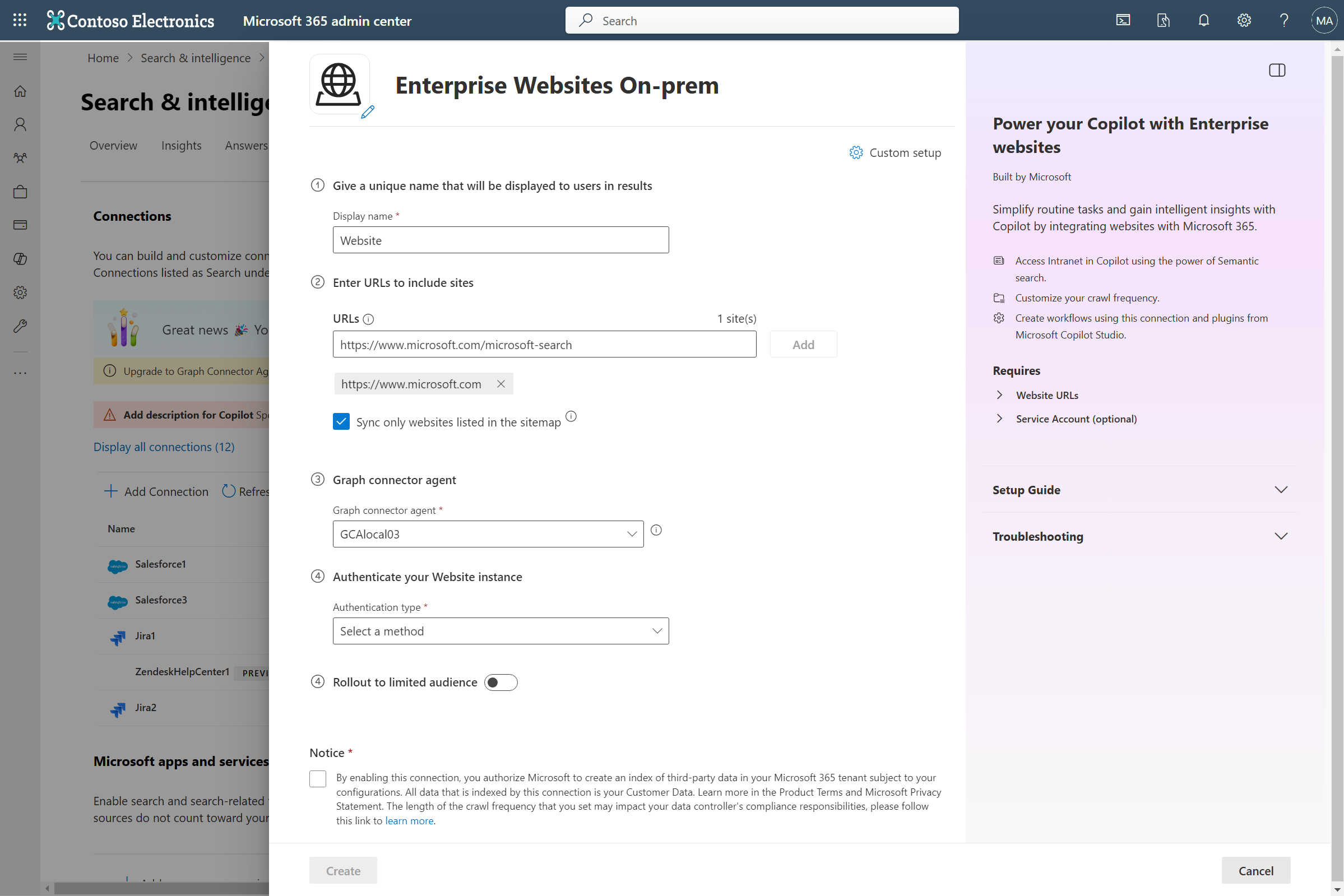 Screenshot that shows connection creation screen for the Enterprise Websites on-premises Microsoft 365 Copilot connector.
