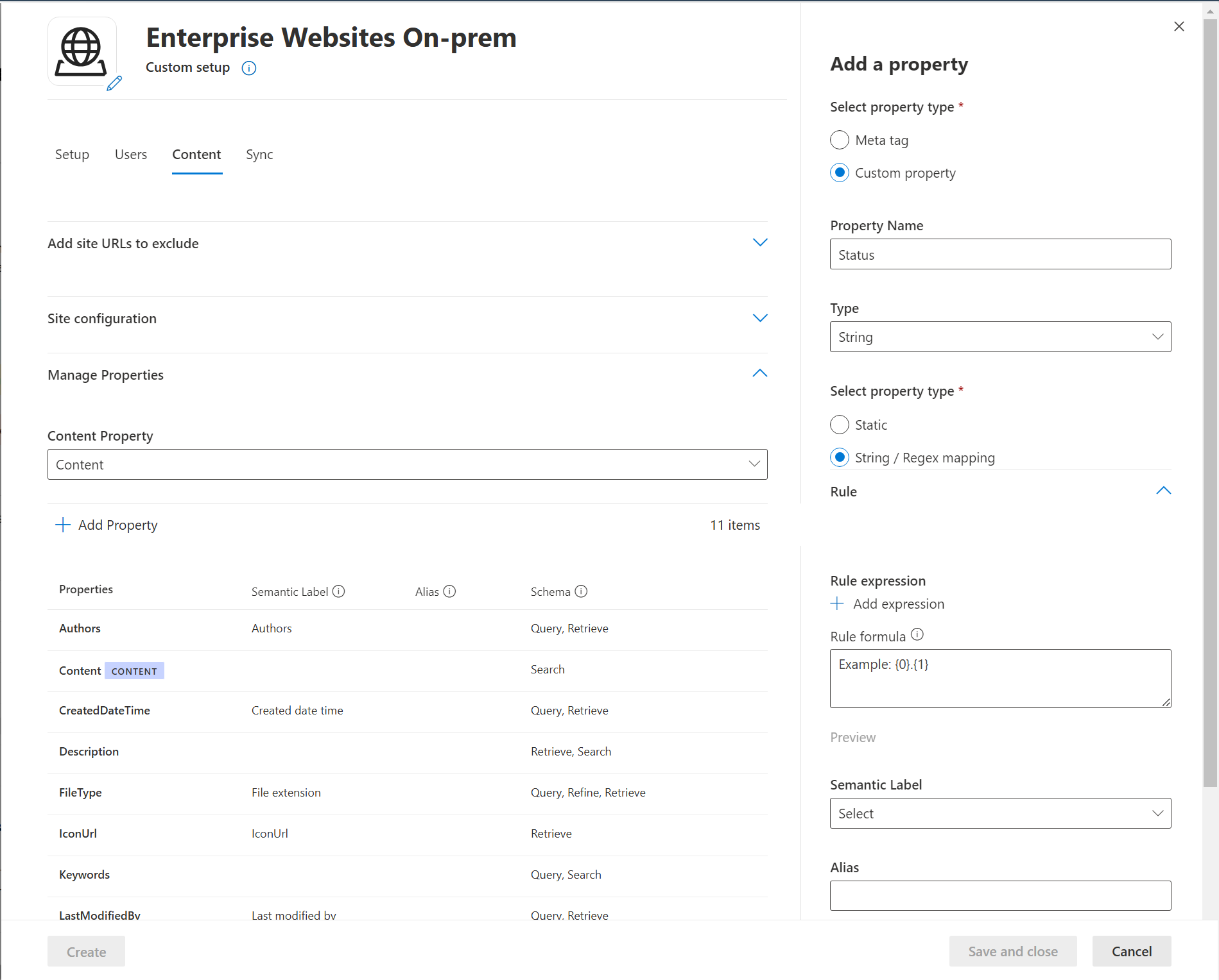 Screenshot that shows Content tab with custom property panel