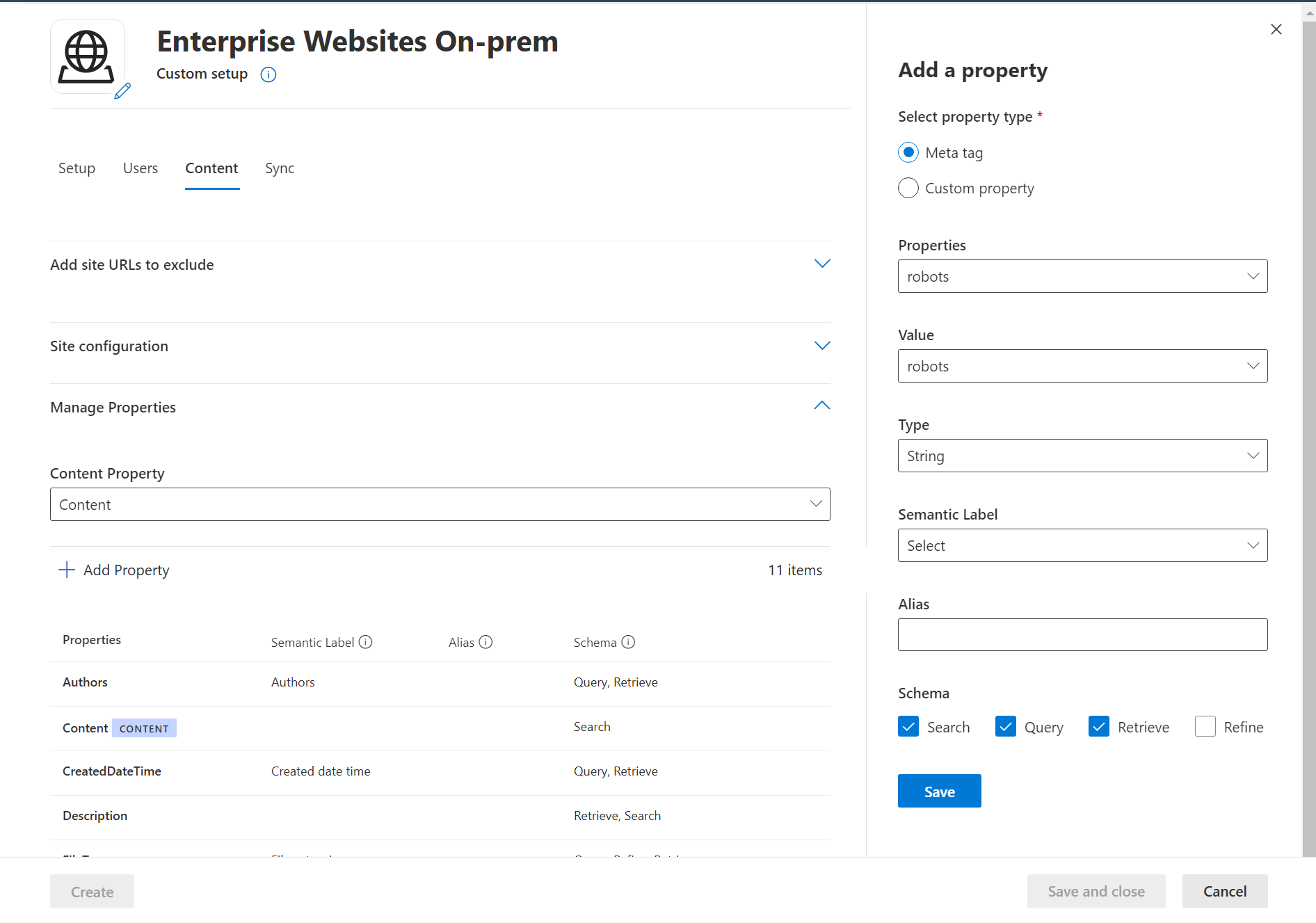 Screenshot that shows Content tab with meta tags panel