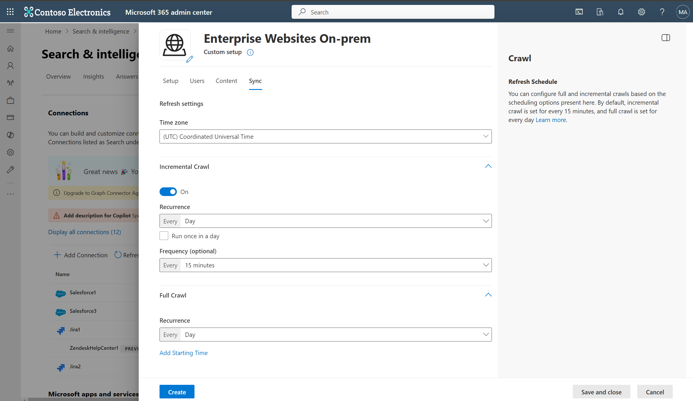 Screenshot that shows Sync tab where you can configure crawl frequency.