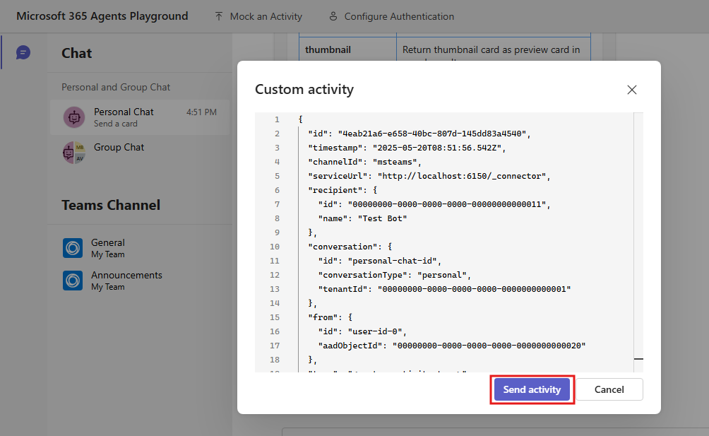 Screenshot shows the option to send activity after customization on mock activity.