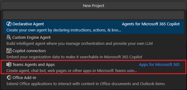 Screenshot shows the list of new agent and app menu you can create in Visual Studio Code.