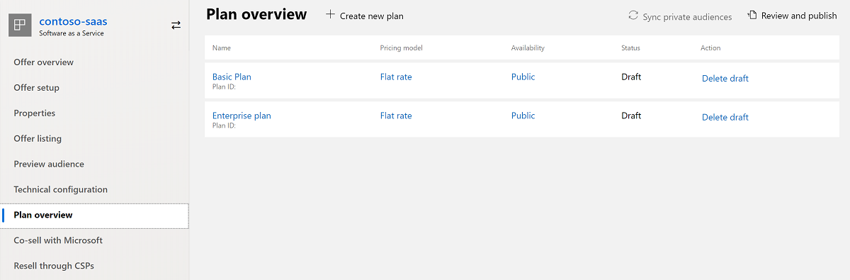 Illustrates the Plan overview page in Partner Center. Two plans are shown.