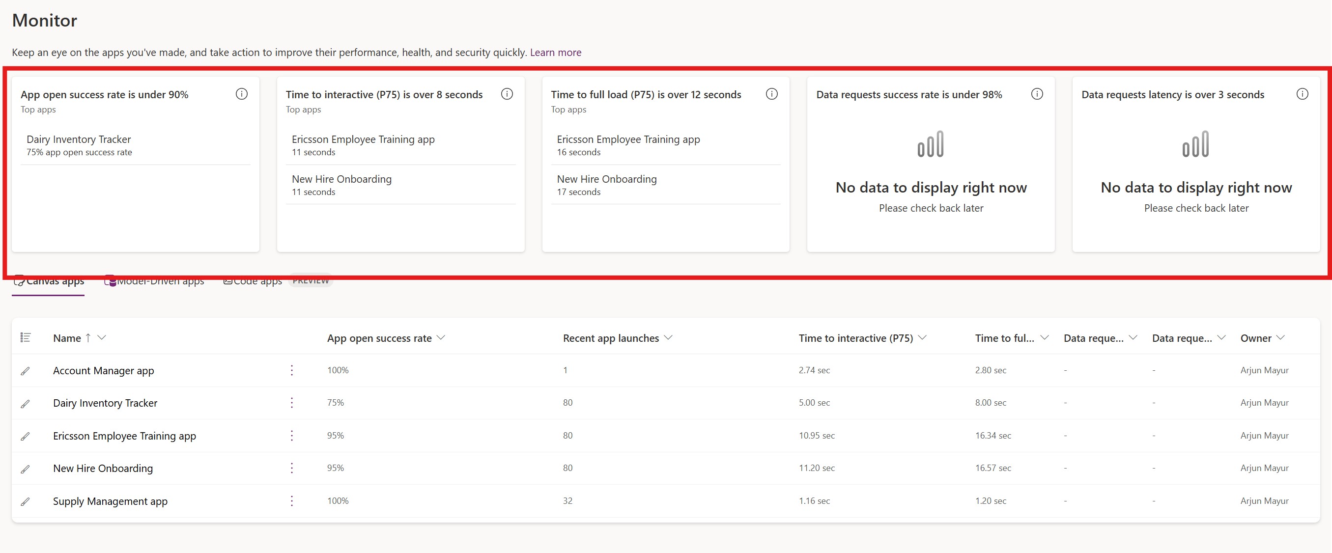 Monitor main screen showing app metrics
