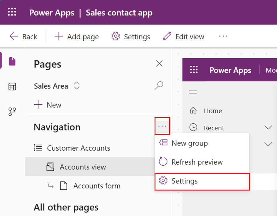 Page navigation options in app designer.