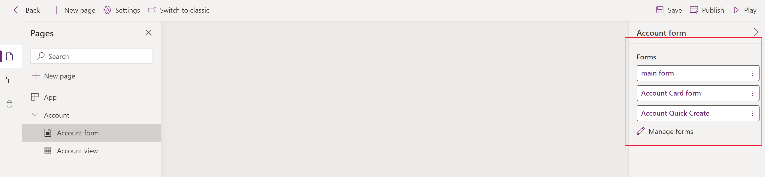 Forms tile for the Account entity Select the table forms you want to display in your app