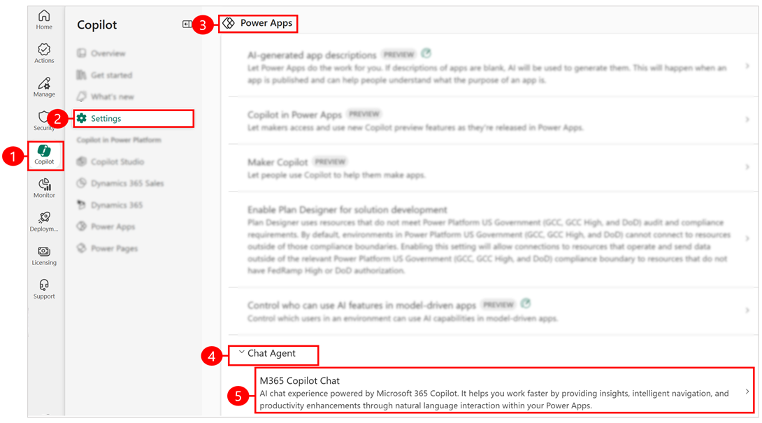 Screenshot of admin setting to enable Microsoft 365 Copilot Chat for model-driven apps