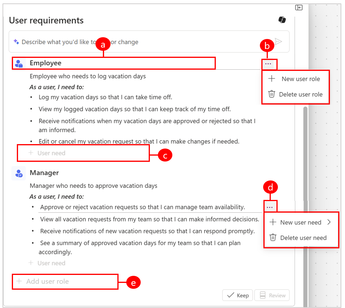 Screenshot of inline editing options for user roles and needs in plans.