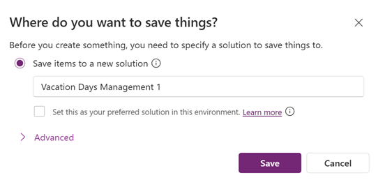 Screenshot of the 'Save your plan' screen showing fields for solution name and publisher options.