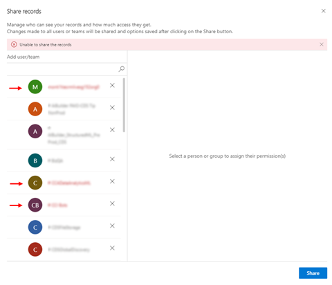 Can't share a row with user. Can't share the row with user.