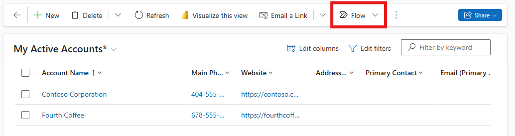 A screenshot of the flow menu in the command bar of a view in a model-driven app.