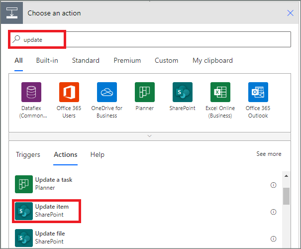 Screenshot showing how to select the SharePoint update item action for rejected requests in the classic designer.