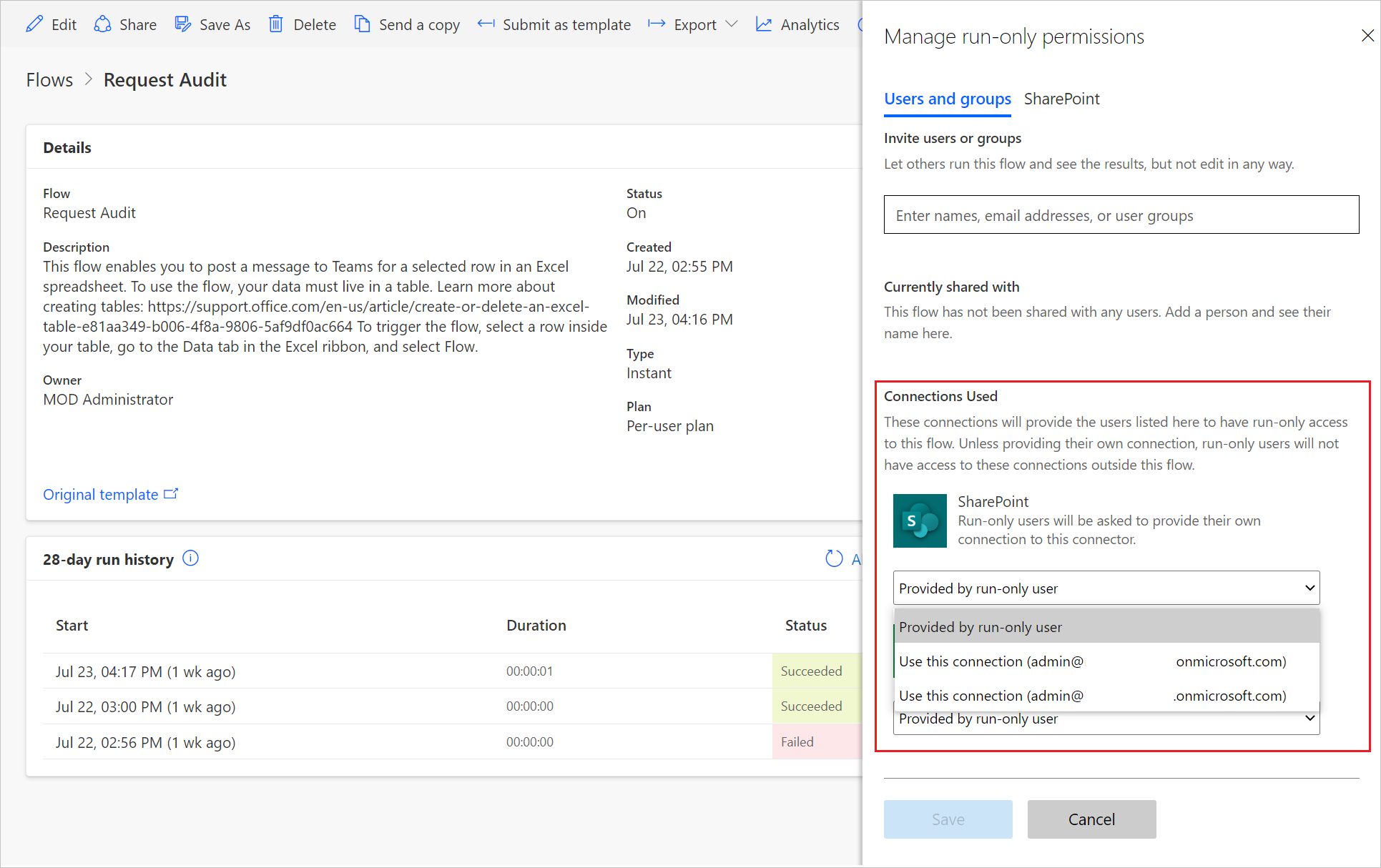Screenshot of managed connections.