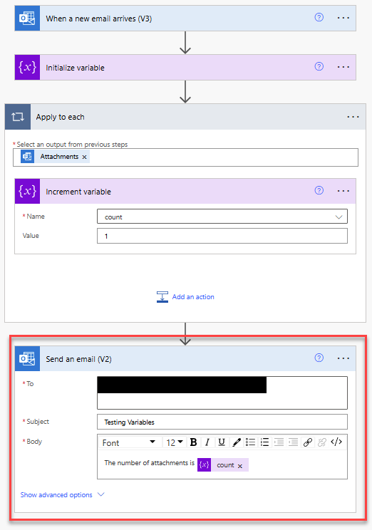 Screenshot of adding an action that sends results in Copilot.