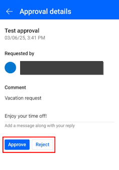 Screenshot of the 'Accept' and 'Reject' buttons and a field to enter an optional message.