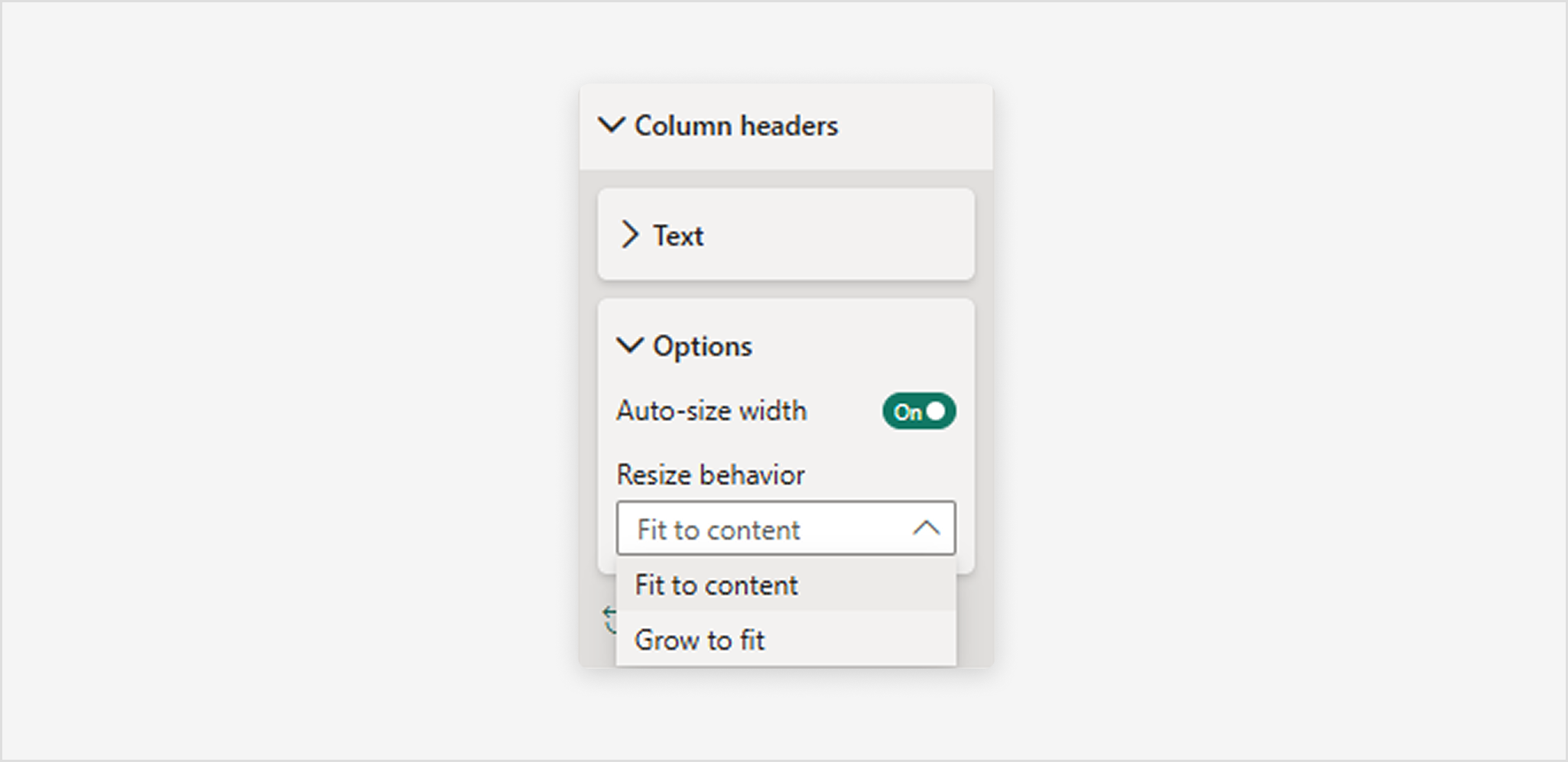 Screenshot of Columns headers card expanded, Options are expanded, auto-size width is enabled, and resize behavior dropdown displaying Fit to content and Grow to fit.