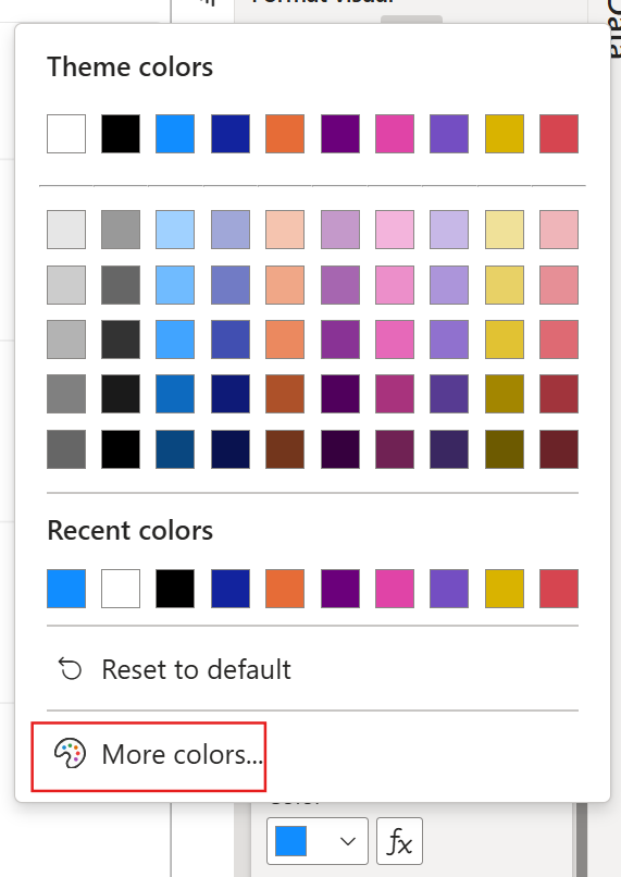 Screenshot of the Color control with the color picker open and options for more colors and resetting to default.