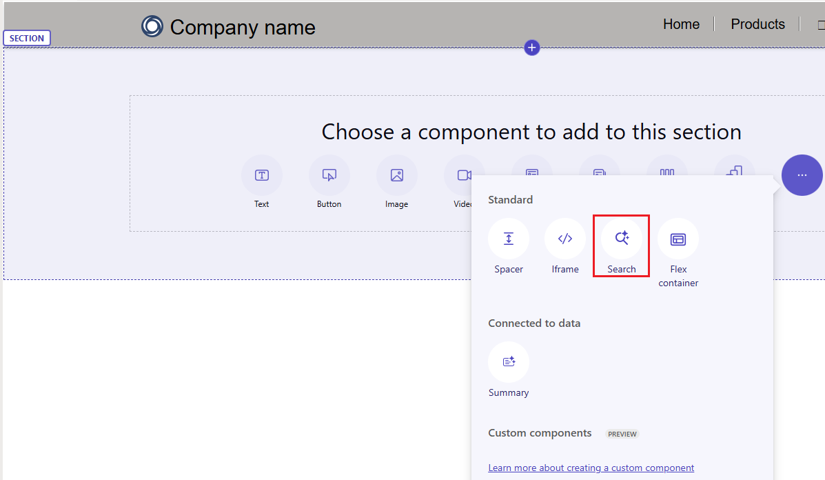 Screenshot of adding the Search component to a page in the design studio.
