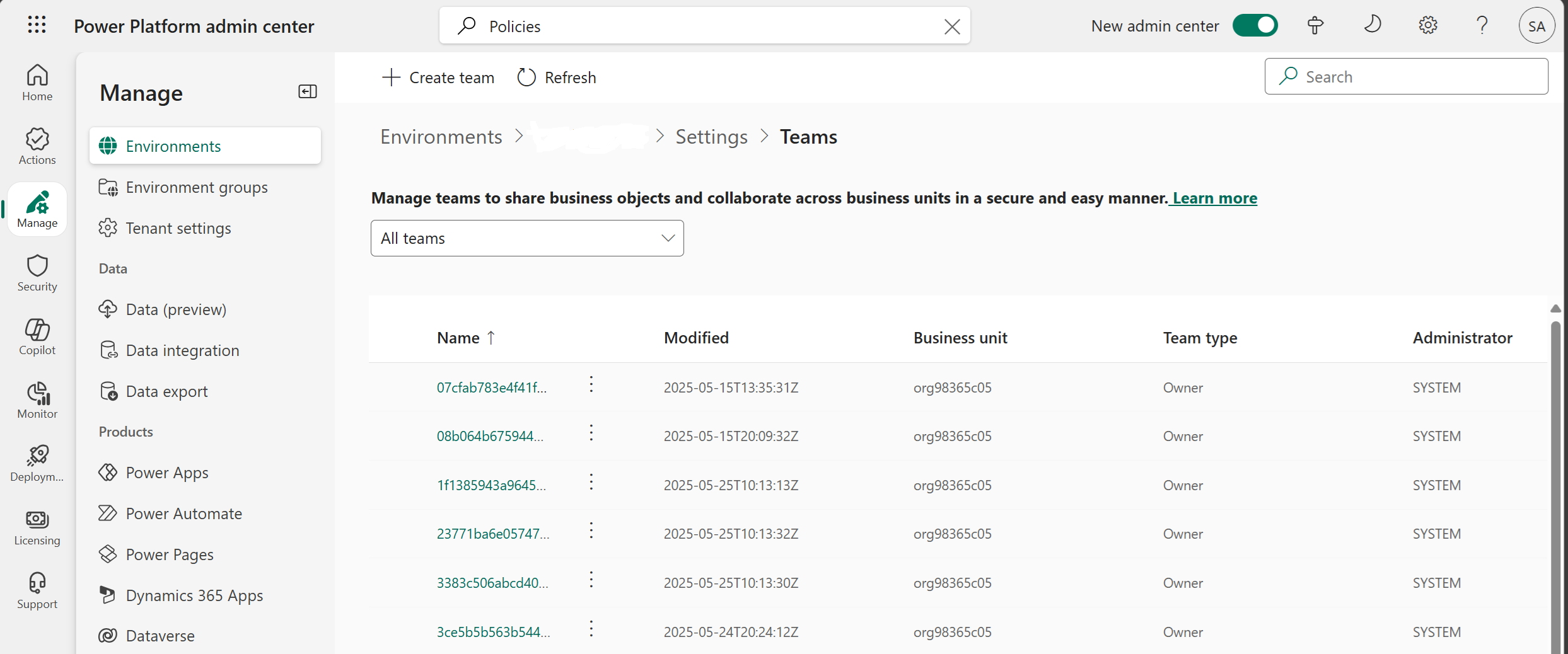 List of teams in a particular environment