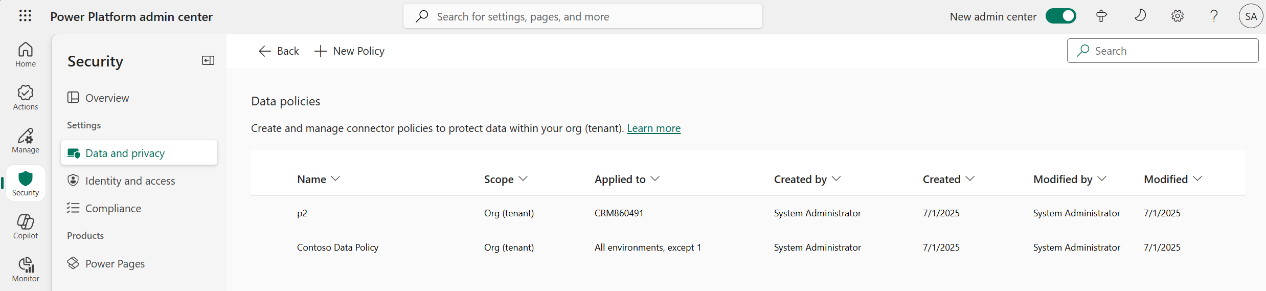 Data policies in the Power Platform admin center.