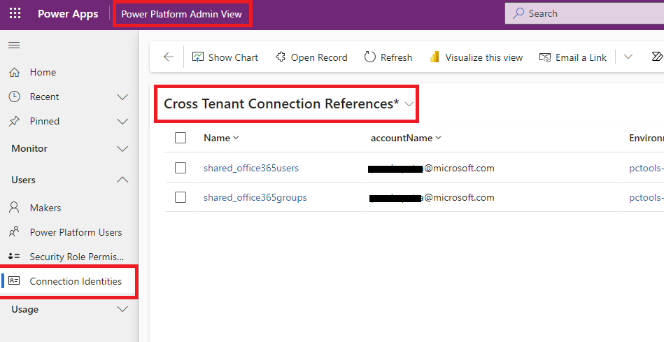 Screenshot that shows Cross Tenant Connection References page from the Connection Identities navigation menu in the Power Platform Admin View.