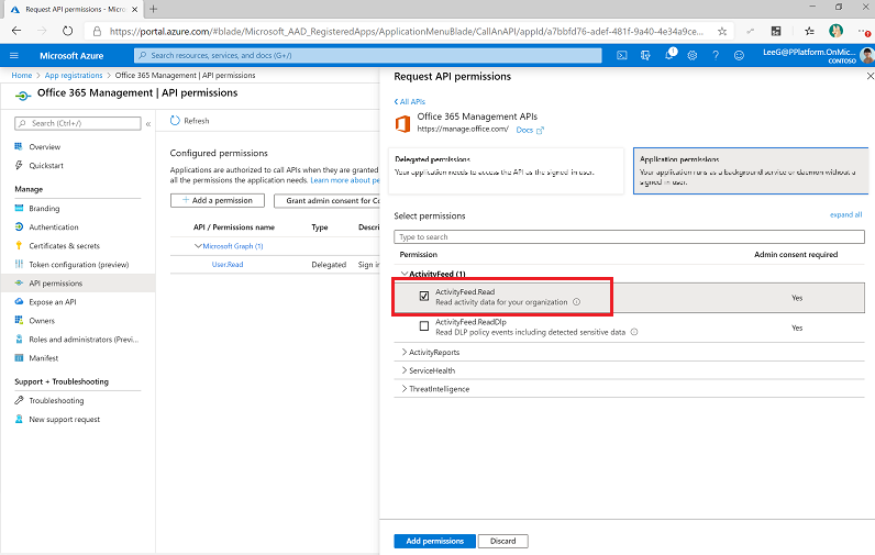 Screenshot that shows the ActivityFeed.Read setting on the Request API permissions page of the API permissions menu.