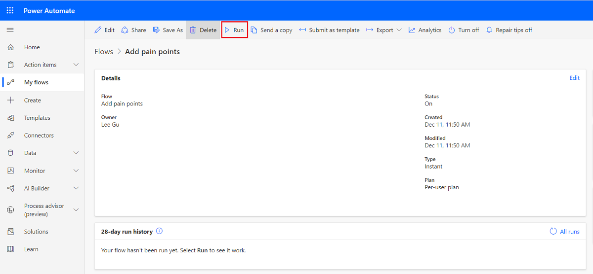 Run Add pain points cloud flow Run Add pain points cloud flow.