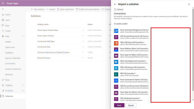 Screenshot that shows the Import a solution pane opened from the Solutions navigation menu.